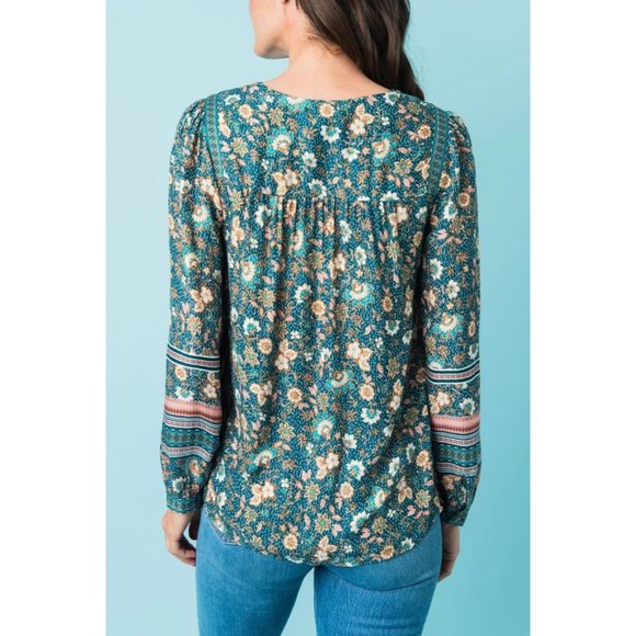 DR2 Josie V-Neck Long Sleeve Multicolored Top in Teal NWT size Small - Picture 2 of 9